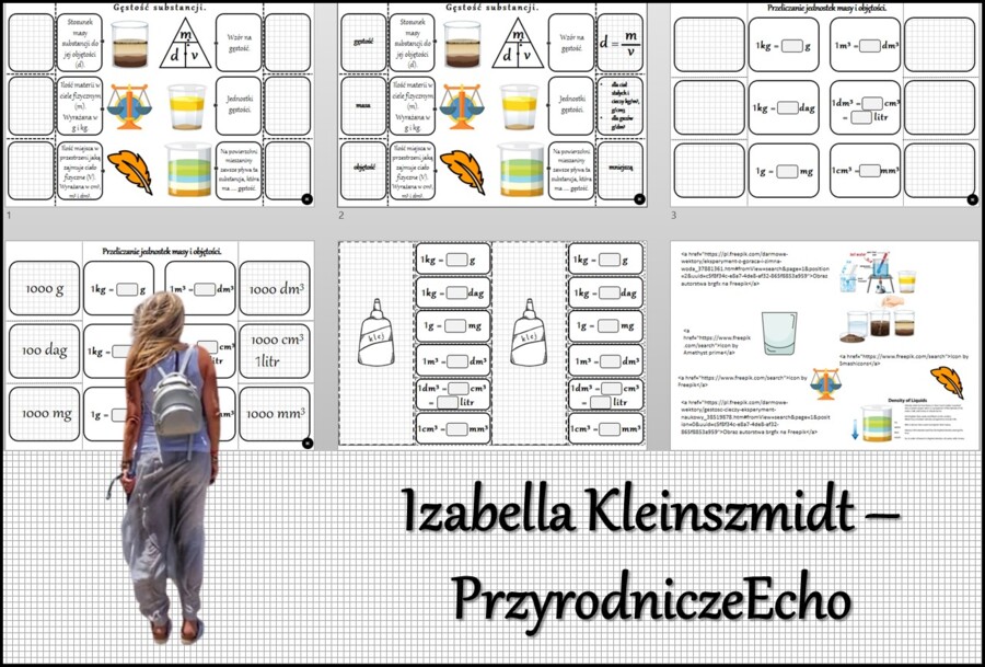 Notatka okienkowa/stacja zadaniowe/notatka/notatka graficzna/karta pracy/sketchnotka „Gęstość substancji”, „Przeliczanie jednostek masy i objętości” w pdf. Chemia 7, dział „Substancje”. Materiał wykonany na podstawie podręcznika z wydawnictwa MAC – nowoś
