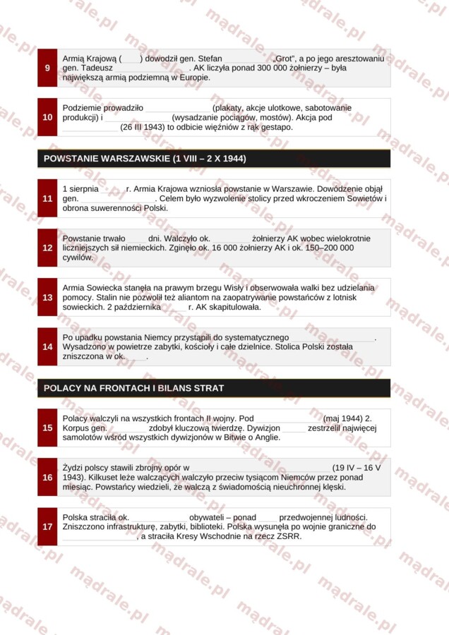 Notatka okienkowa „W okupowanej Polsce” + klucz odpowiedzi