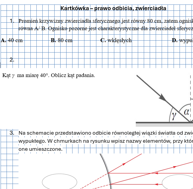 Kartkówka/karta pracy Prawo odbicia, zwierciadła