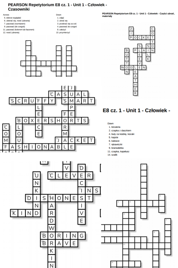 Repetytorium dla szkoły podstawowej cz. 1 (Pearson) – Unit 1 Człowiek – krzyżówki