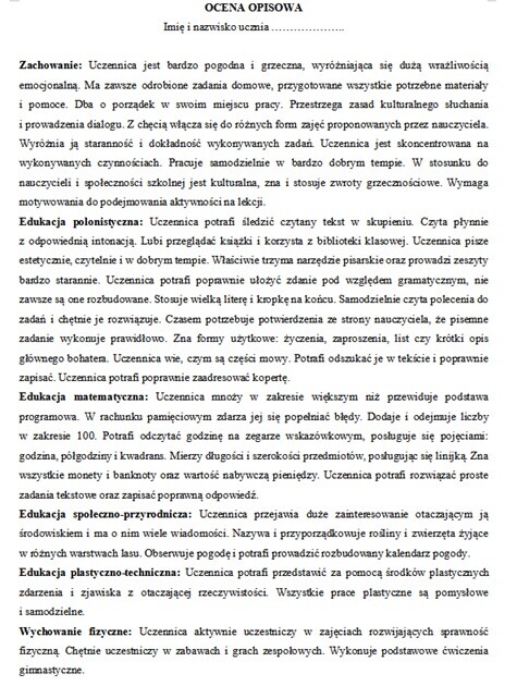 Ocena opisowa dla klasy 2