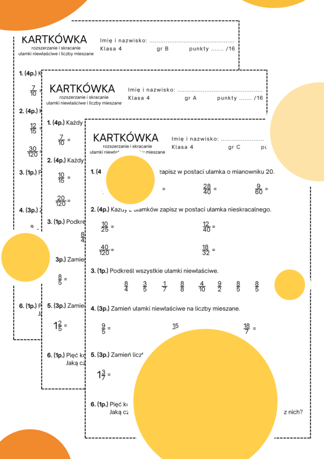 Kartkówka - ułamki niewłaściwe i liczby mieszane, rozszerzanie i skracanie ułamków. Klasa 4
