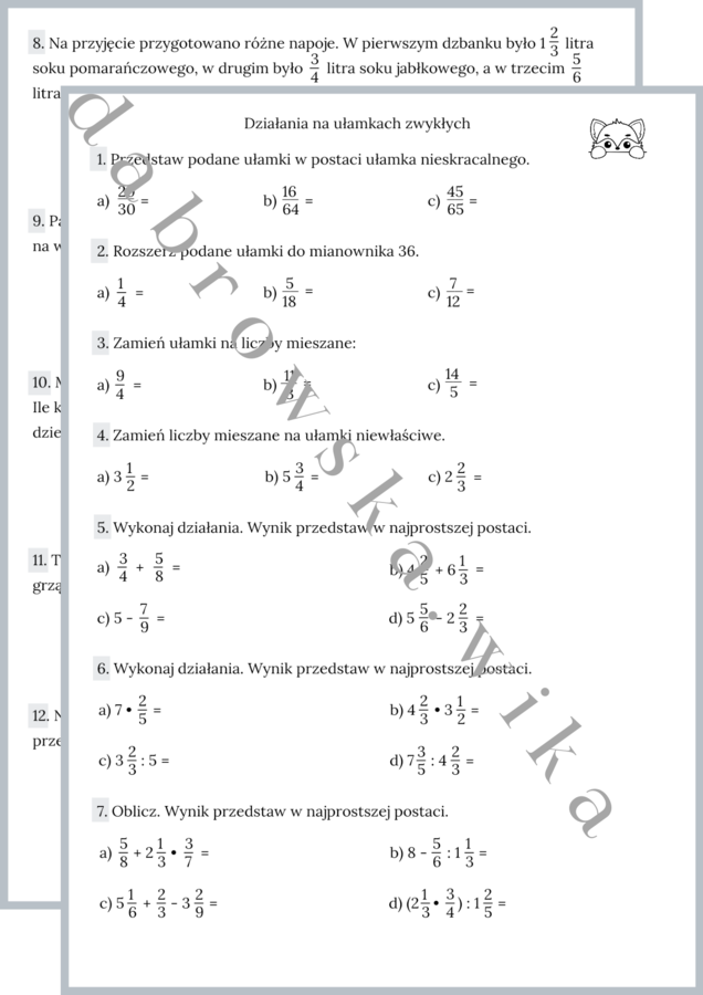Działania na ułamkach zwykłych - zestaw zadań