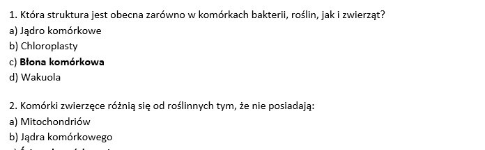 Test- budowa komórkowa organizmów