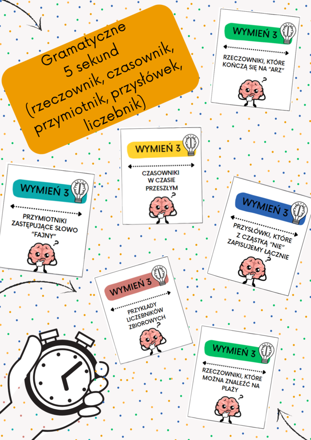 ZESTAW - gramatyczne 5 sekund (rzeczownik, czasownik, przymiotnik, liczebnik, przysłówek)