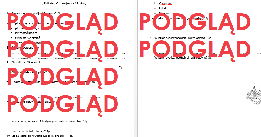 BALLADYNA - kartkówka, test ze znajomości lektury