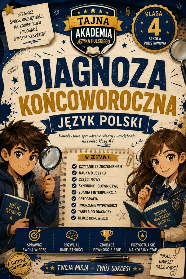 Diagnoza końcoworoczna – język polski klasa 4 | test kompetencji + odpowiedzi + tabela diagnozy