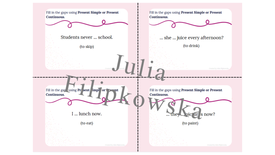 Present Simple vs Present Continuous/ Karty do mówienia/ Mówienie/ Speaking/ Zestaw/ Pakiet/ Klasy 4-8/ Klasa 5/ Klasy 6-8/ SP/ Warm-up/ Rozgrzewka/ Gramatyka/ Grammar/ Grammar cards/ Grammar cards/ E8