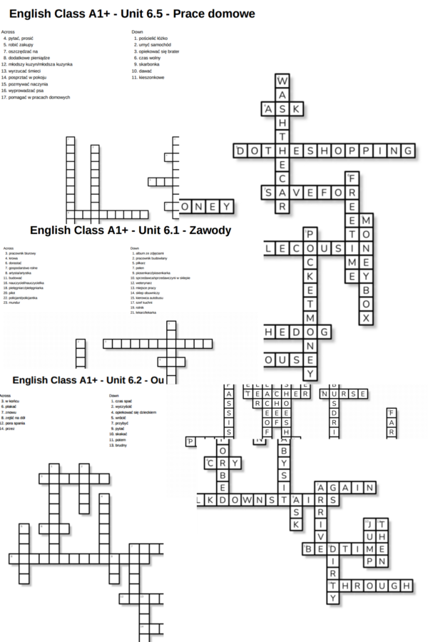 English Class A1+ – Unit 6 – krzyżówki – Zawody/Out of class/6.3&6.4/Prace domowe