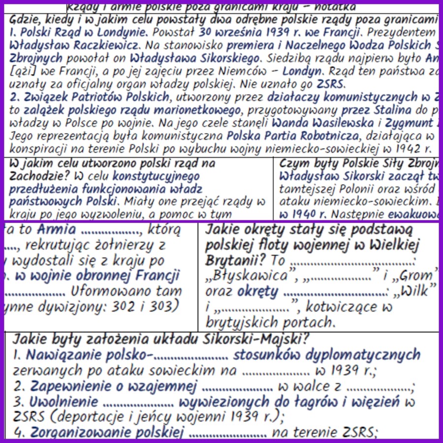 Rządy i armie polskie poza granicami kraju – notatki i karta pracy