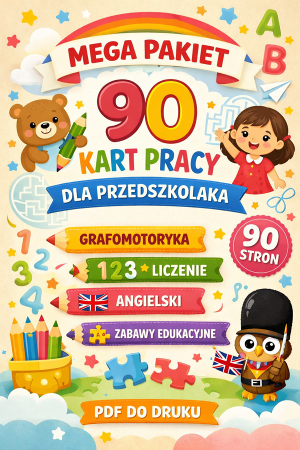 Mega pakiet 90 kart pracy dla przedszkolaka – nauka przez zabawę (PDF do druku)