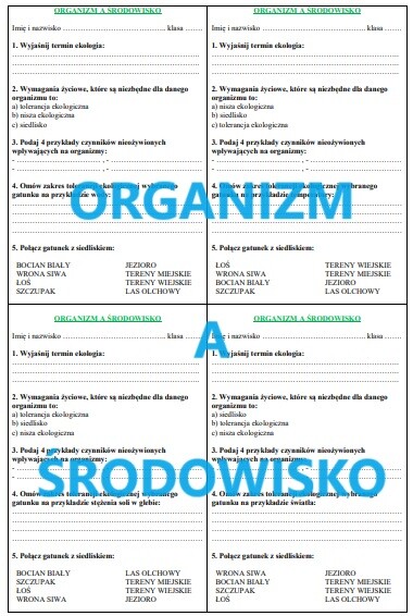 ORGANIZM A ŚRODOWISKO - KARTKÓWKA