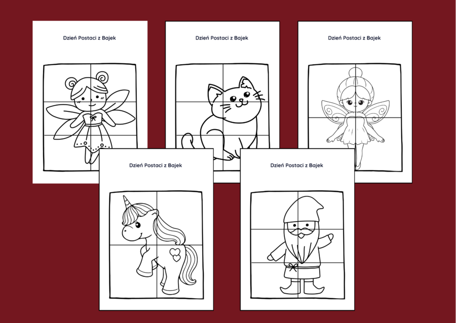 DZIEŃ POSTACI Z BAJEK – biblioteka – świetlica – przedszkole - UKŁADANKA - układanki - puzzle - kolorowanka - 10 szt.