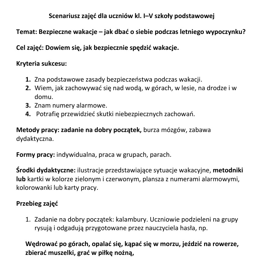 Scenariusz zajęć dla uczniów kl. I-V o bezpieczeństwie podczas wakacji