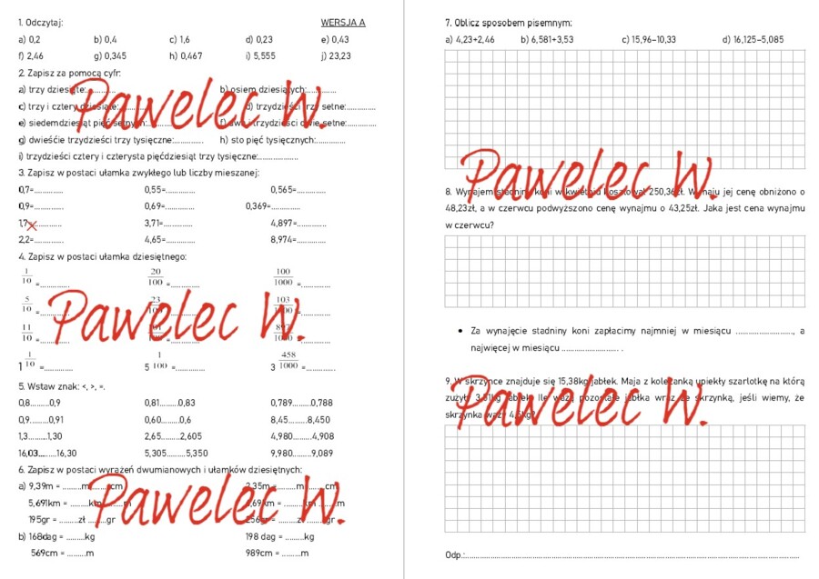 UŁAMKI DZIESIĘTNE - sprawdzian z całego działu kl. 6  - 2 wersje/grupy