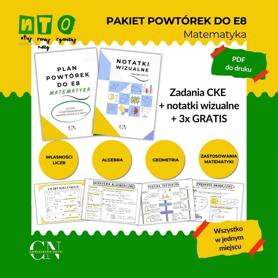 PAKIET E8 EGZAMIN ÓSMOKLASISTY - własności liczb, algebra, geometria, zastosowania matematyki