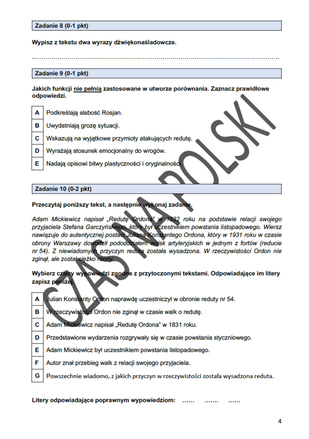 "Reduta Ordona" – test czytania ze zrozumieniem