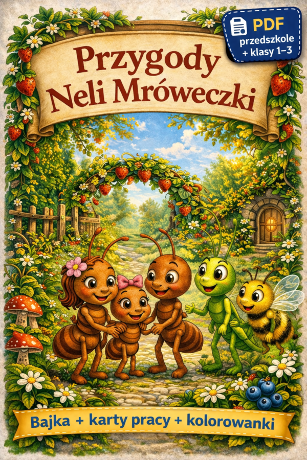 Przygody Neli Mróweczki – bajka terapeutyczna + karty pracy + kolorowanki (PDF)