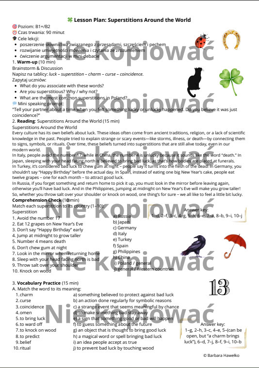 Karta pracy z czytanką Superstitions Around the World B1+/B2