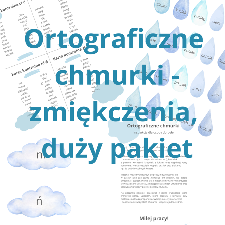 Ortograficzne chmurki - zmiękczenia. Materiał do pracy i gra.