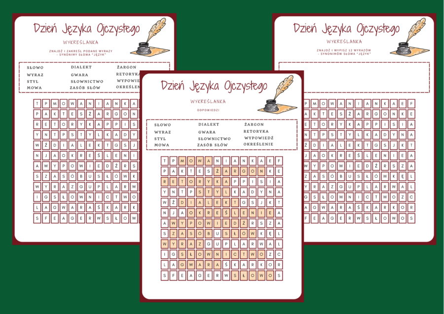 DZIEŃ JĘZYKA OJCZYSTEGO – wykreślanka – karta pracy - biblioteka - świetlica - język polski