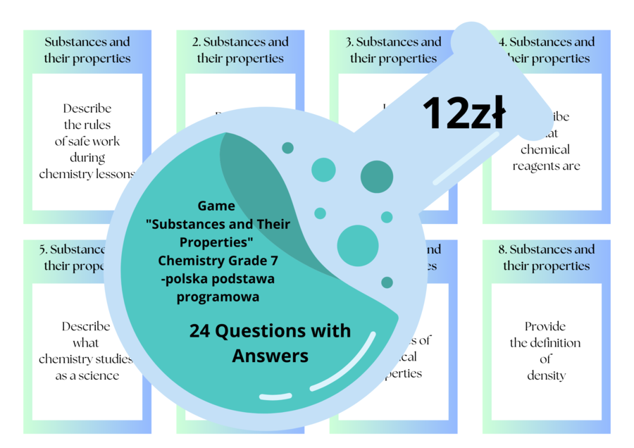 Chemia. Klasa 7. Gra dydaktyczna. Substancje i ich przemiany. Wersja po angielsku. Pytania i odpowiedzi. Powtórzenie wiadomości.