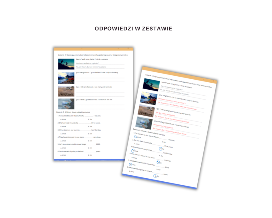Karty pracy gramatyczno-leksykalne Podróże i doświadczenia Present Perfect w tym zadanie na since for just already yet bucket list klasa 6, 7 Poziom A2