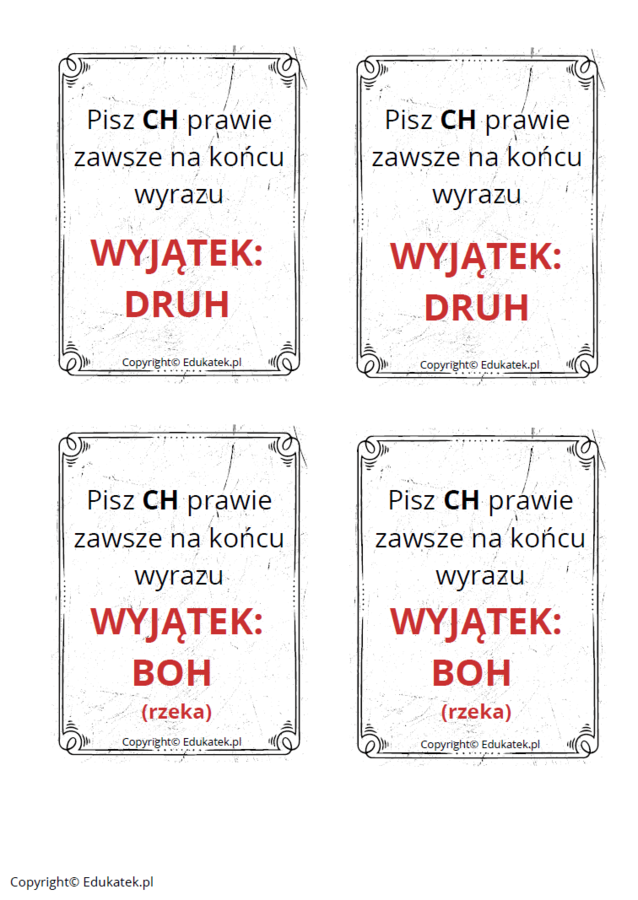 Memory ortograficzne – zasady pisowni ch-h (wersja czarno-biała)