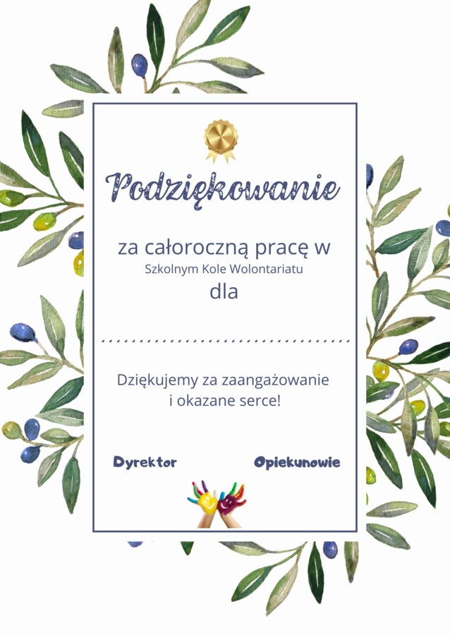 Podziękowanie za działalność w Szkolnym Kole Wolontariatu