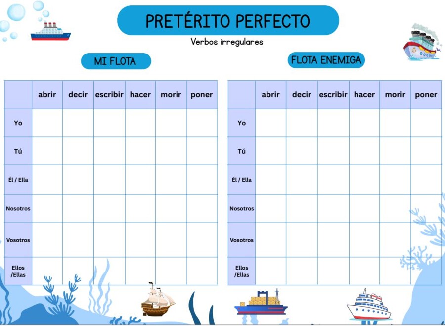 Gra w statki - plansze do gry z hiszpańskimi czasownikami (czasy przeszłe)