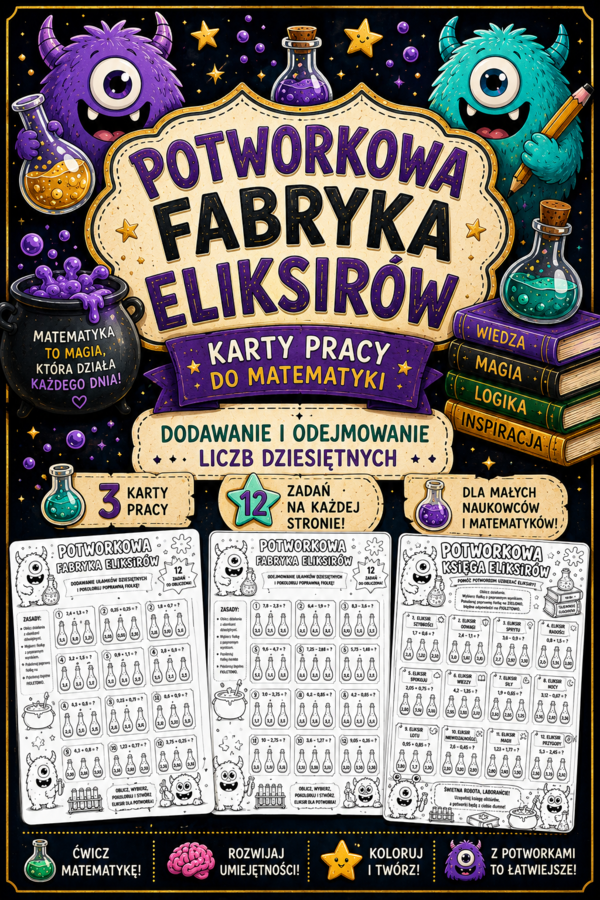 👾🧪 Potworkowa Fabryka Eliksirów – dodawanie i odejmowanie liczb dziesiętnych | 3 karty pracy | kolorowanki I Klasy 4–5