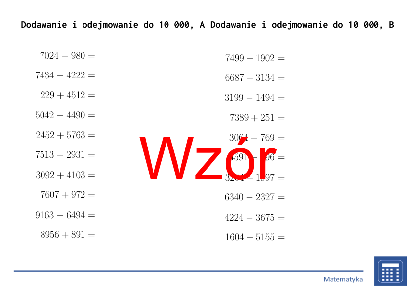 Dodawanie i odejmowanie do 10 000 | matematyka | 26 kolumn