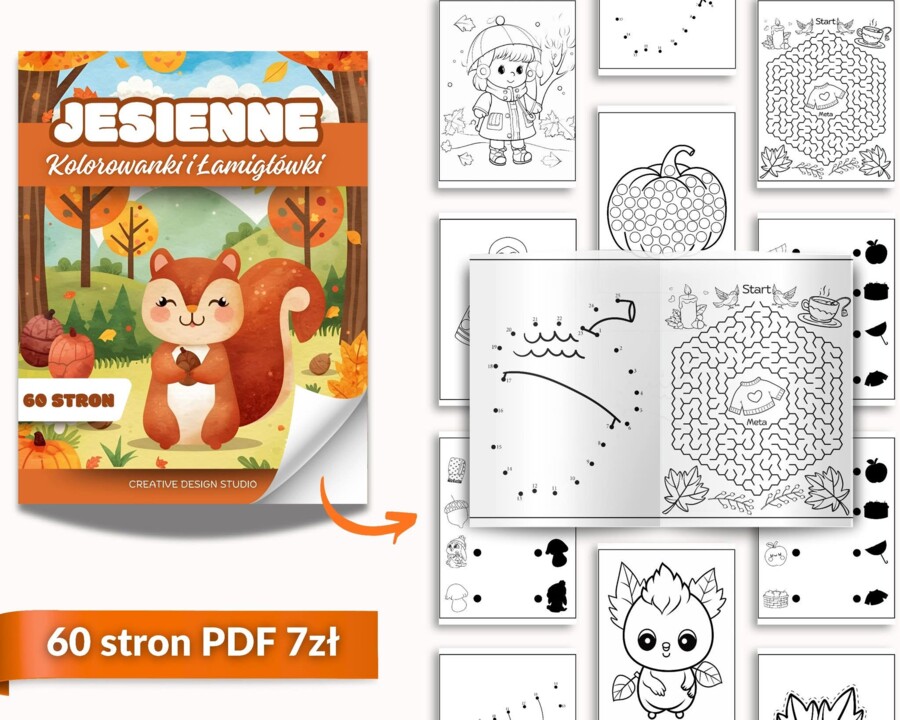 🍁 Jesienne Kolorowanki i Łamigłówki – 60 stron zabawy! 🍁💚