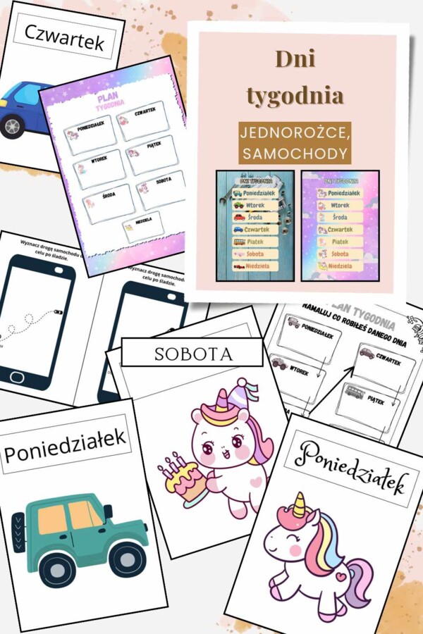 Dni tygodnia z jednorożcami i samochodami