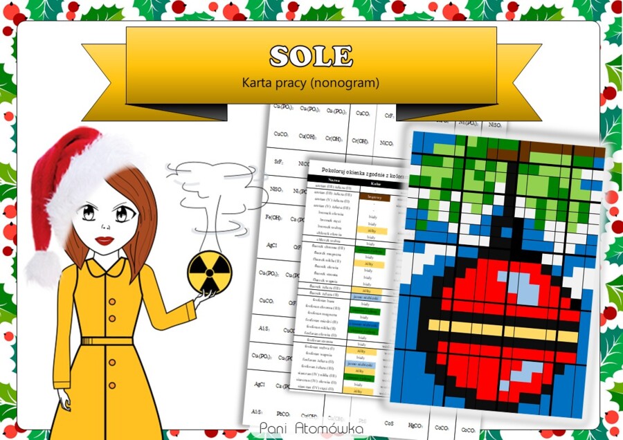 Klasa 8. Chemia. Sole. Świąteczna kolorowanka chemiczna. Nonogram w formacie XXL. Karta pracy. Zadanie. Praca grupowa. Święta. Christmas.