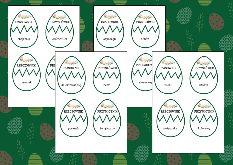 WIELKANOCNA GRAMATYKA – układanka – Wielkanoc – CZĘŚCI MOWY - czasownik - rzeczownik - przymiotnik - przysłówek – 13 str.