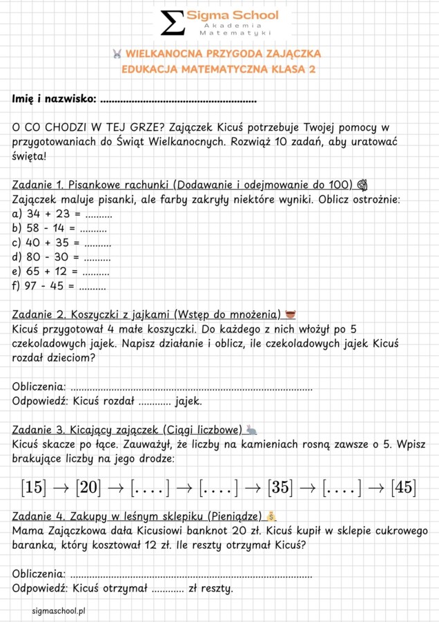 Wielkanocna Matematyka: Przygoda Zajączka – Karta Pracy (Klasa 2)