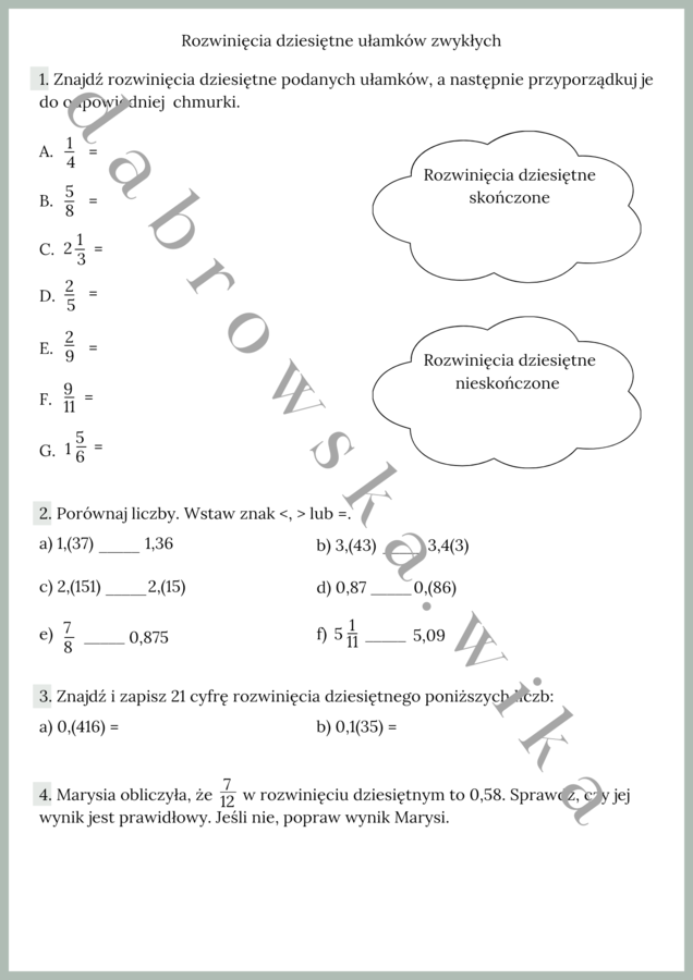 Rozwinięcia dziesiętne - karta pracy