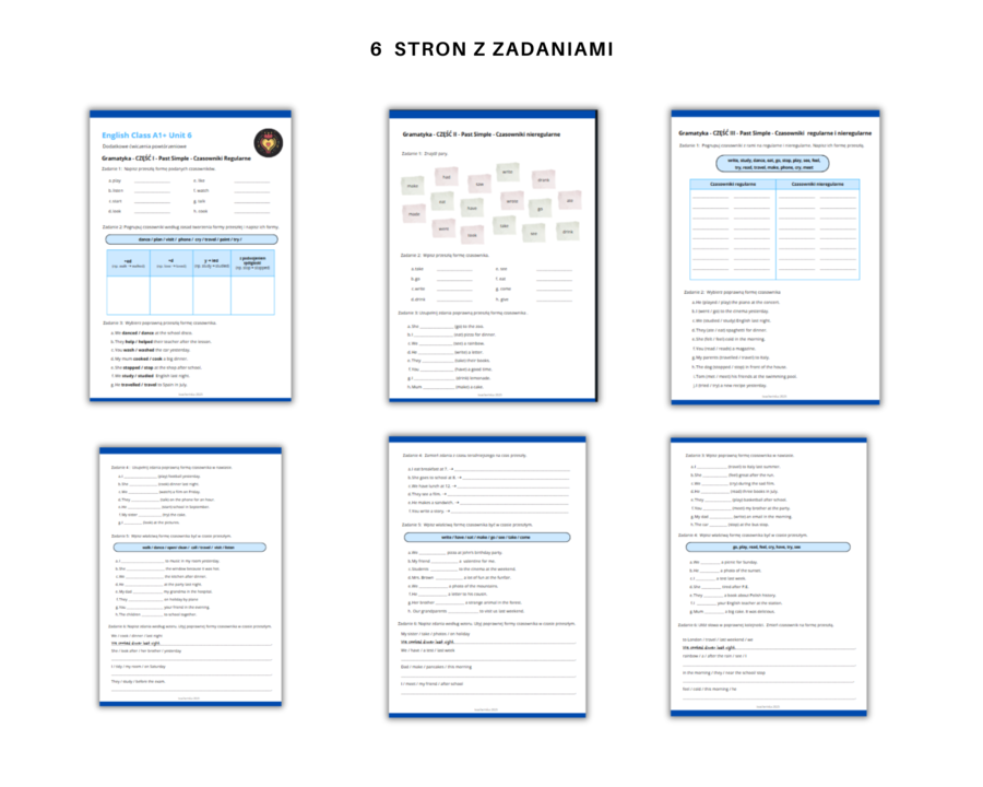 Gramatyka dla klasy 5, Język angielski. Zdania twierdzące Past Simple czasowniki regularne i nieregularne English Class A1+ Unit 6 Dodatkowe i różnorodne ćwiczenia powtórzenie