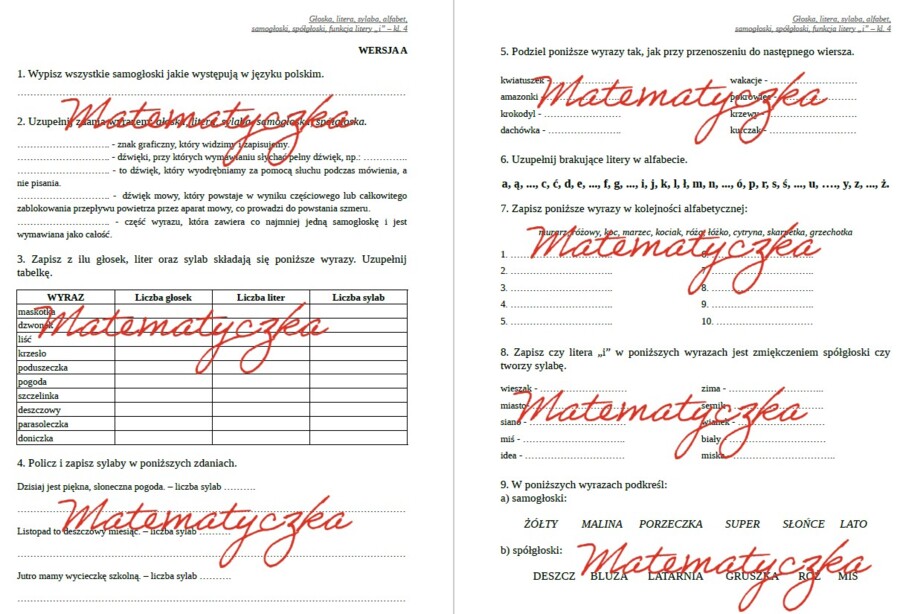 Alfabet, głoska, litera, samogłoska, spółgłoska, funkcja litery "i" - karty pracy, sprawdzian, kl. 4, grupa A i B