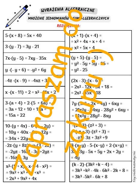Wyrażenia algebraiczne - mnożenie jednomianów i sum algebraicznych. Karta pracy lub kartkówka.