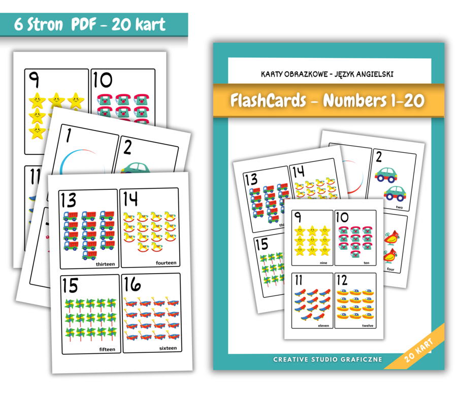 Karty Edukacyjne FLASHCARDS - Nauka Liczb Po Angielskiego. Liczby 1-20