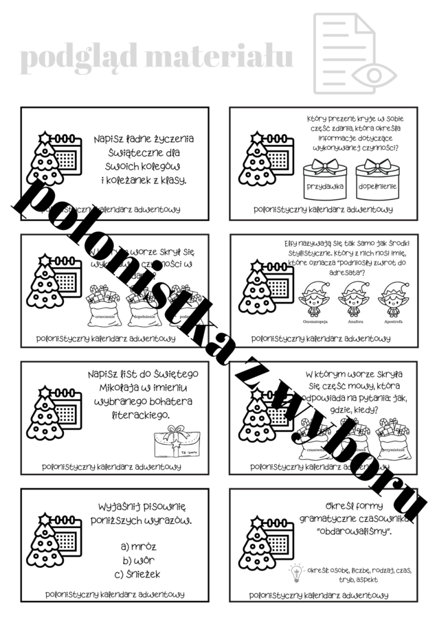 Polonistyczny kalendarz adwentowy, świąteczne wyzwanie dla uczniów 5-8 klasa SP