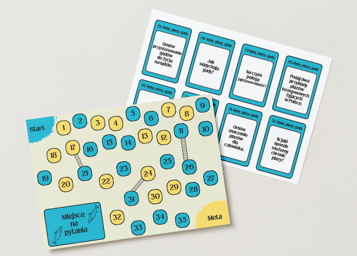 Biologia. Klasa 6. Gra dydaktyczna. Kręgowce zmiennocieplne. Ryby. Płazy. Gady. Plansza do gry. Odpowiedzi do pytań