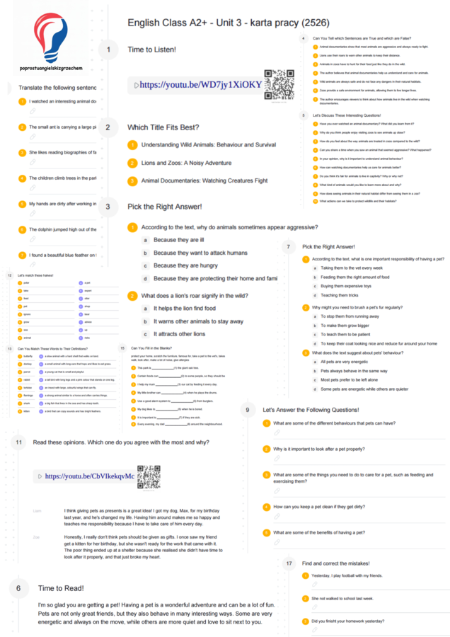 English Class A2+ – Unit 3 – karta pracy