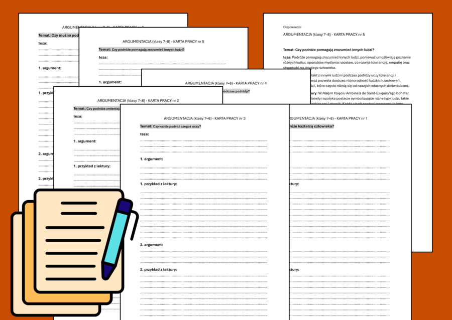 📘Karty pracy: PODRÓŻ – wypowiedź argumentacyjna - argumentacja + odpowiedzi (egzamin ósmoklasisty)