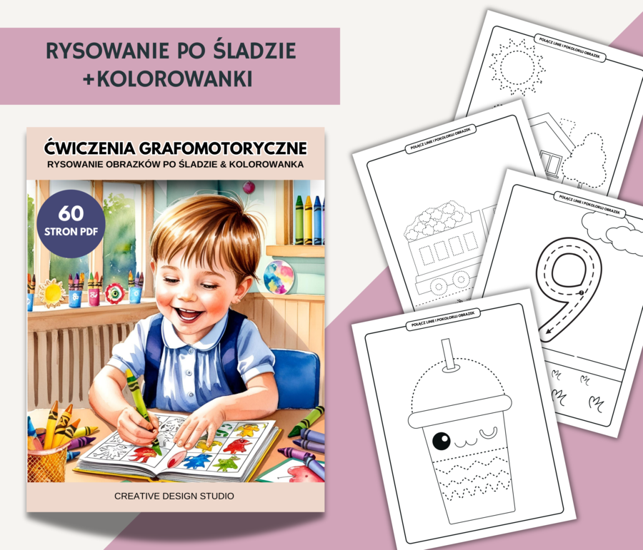 Ćwiczenia Grafomotoryczne. Rysowanie po Śladzie & Kolorowanki. 60 STRON PDF
