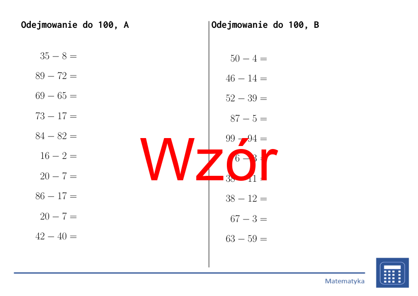 Odejmowanie do 100 | matematyka | 26 kolumn