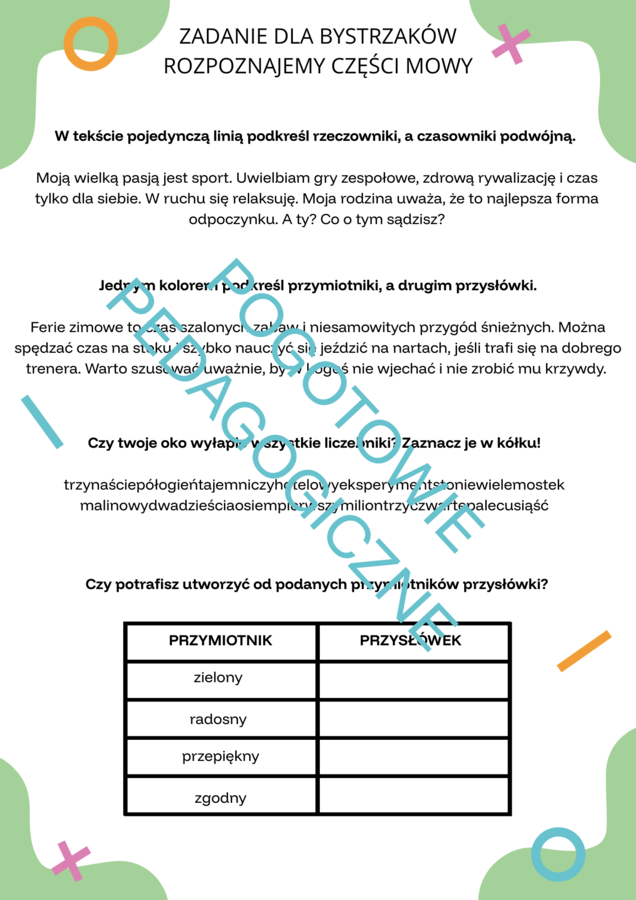 Zadania dla bystrzaków - części mowy, cząstka nie, przysłówek
