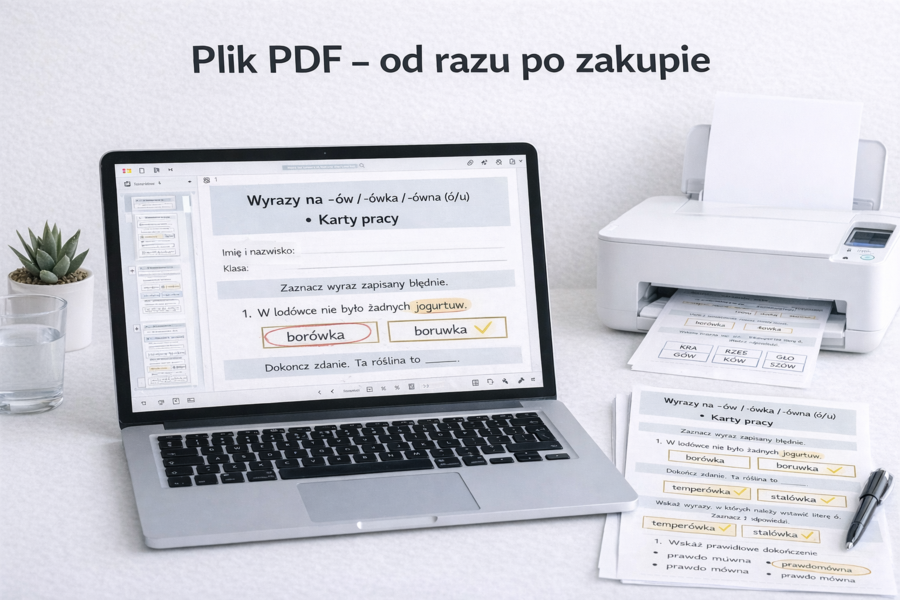 WYRAZY ZAKOŃCZONE NA -ÓW, -ÓWKA, -ÓWNA [Karta pracy, sprawdzian]